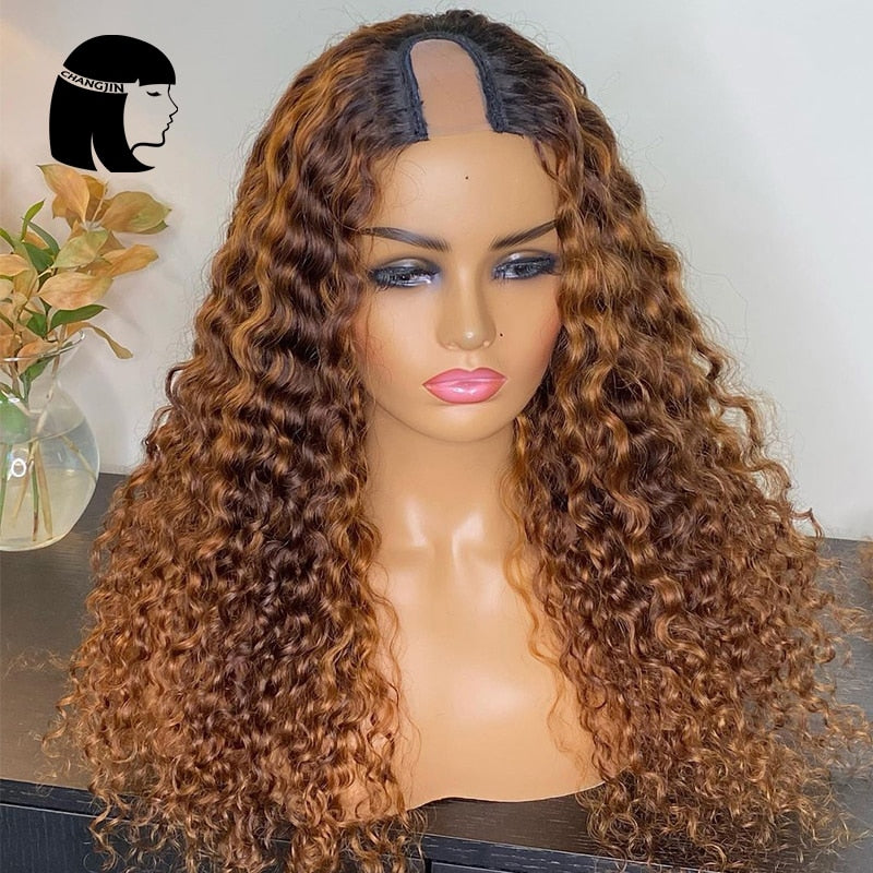 U Part Middle Ombre Brown Brazilian Remy Human Hair Wig