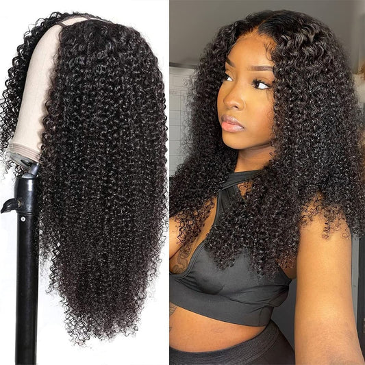 Glueless U V Part Human Hair Kinky Curly Wig